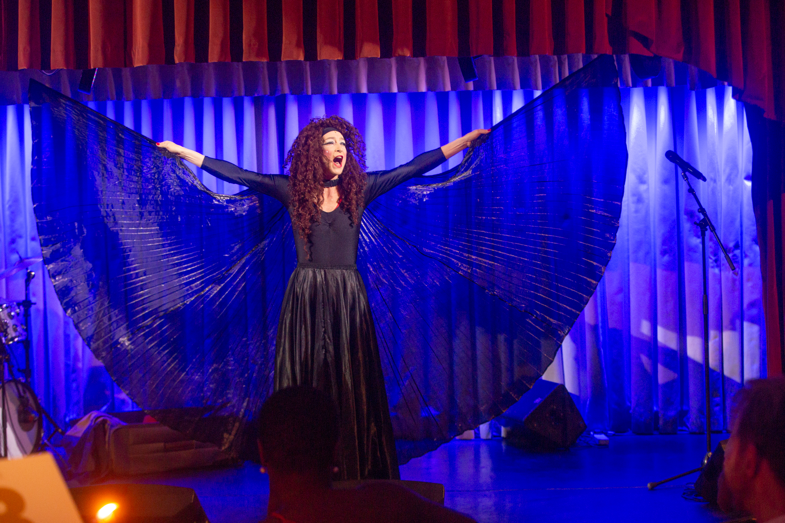 Cabaret performer with butterfly wings on stage