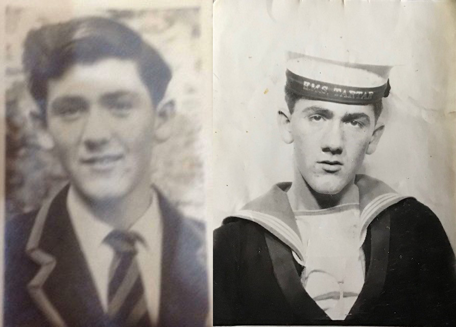 Black and white photos of Terry Higgins as a schoolboy and as a navy man in uniform
