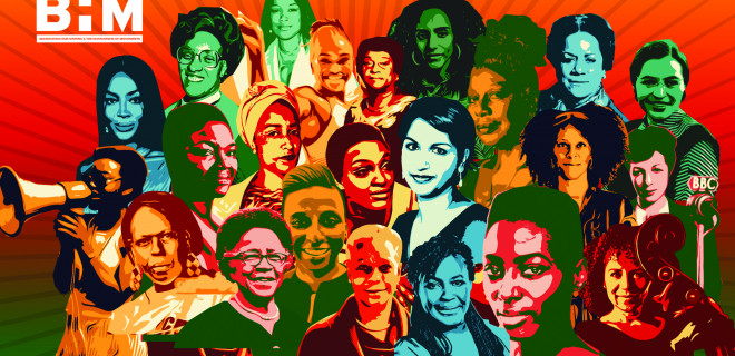 "Black History Month: celebrating our sisters and the matriarchs of movements" with stylised cutouts of many women
