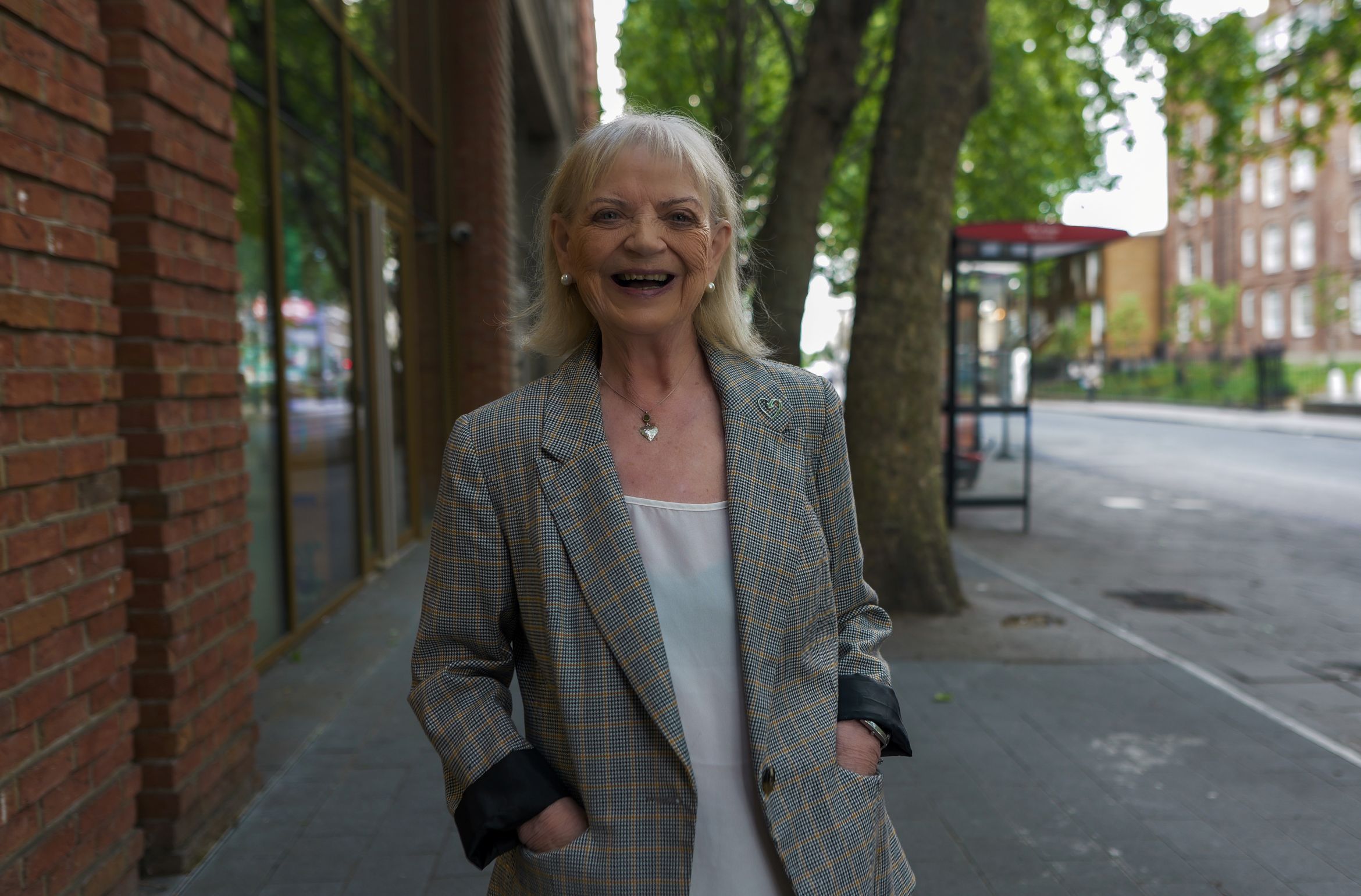 A smiling elderly woman.