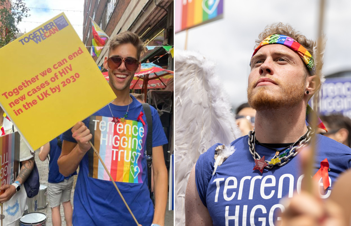 Bobski Budzynski and Jake Devline-Reed in separate pictures at London Pride 2023 marching for Terrence Higgins Trust