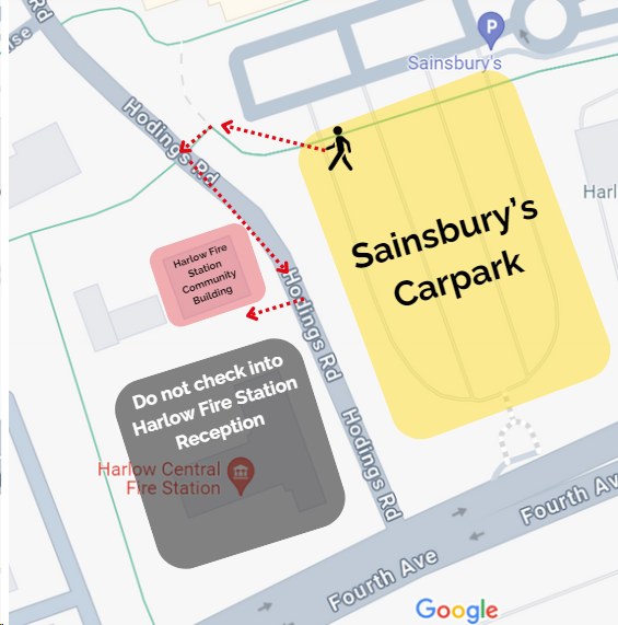 Diagram with directions to the Advice Centre which is in the Harlow Fire Station Community Building.