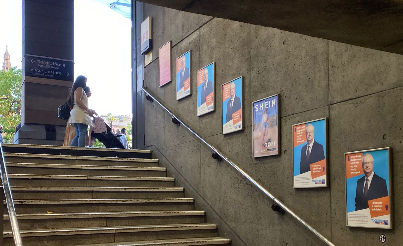 Chris Smith MP Life Really Changed posters at Westminster tube station