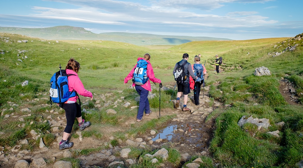 Yorkshire Three Peaks Weekend Challenge walkers on a green hillside from rear
