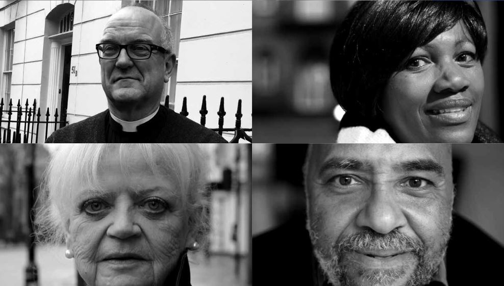 Composite of faces of four older people in black and white