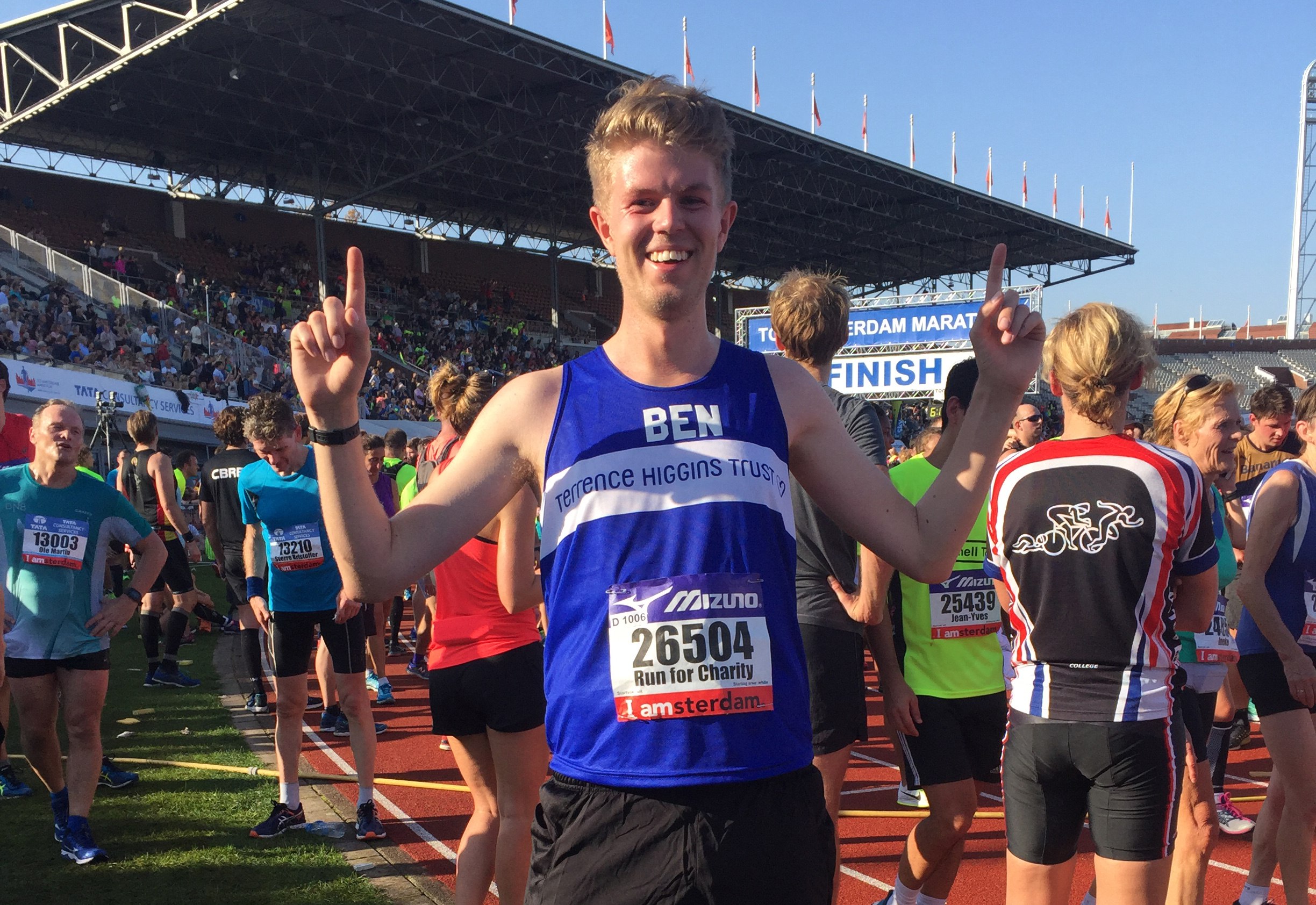 Amsterdam Half Marathon, Ben celebrating Amsterdam Half Marathon, Ben celebrating
