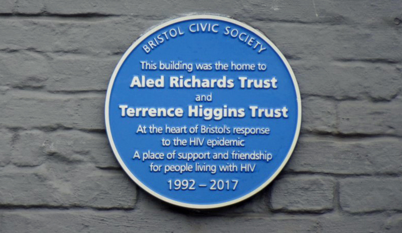 Blue plaque marking Terrence Higgins Trust at West Street Bristol, 1992-2017. Photo licenced CC-BY-SA 4.0.