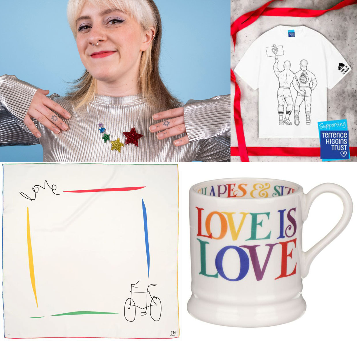 Tatty Devine shooting star necklace, Jonathan Bailey scarf, HIV time's up T-shirt, Love is Love mug