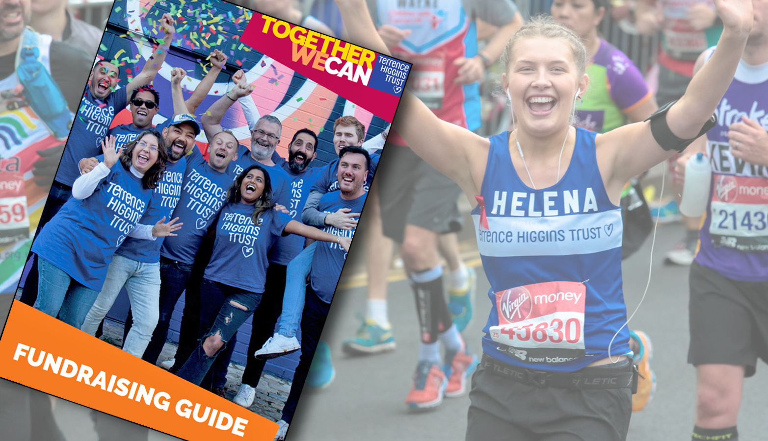 Fundraising guide front cover in front of marathon runners
