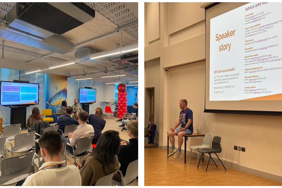 HIV lived experience sessions: a group of people at a talk (left) and a man giving a presentation (right)