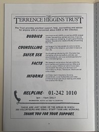 A leaflet detailing Terrence Higgins Trust's services.