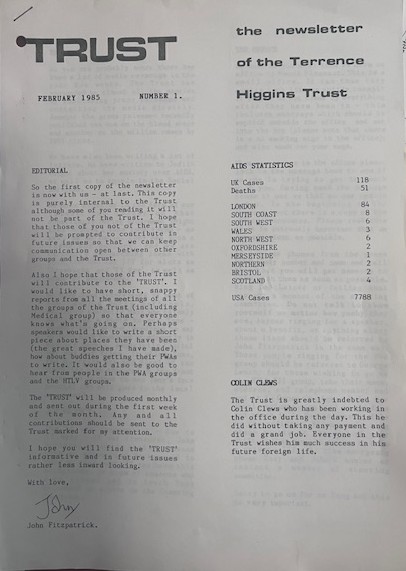 A November 1985 copy of Trust, the newsletter of Terrence Higgins Trust at the time