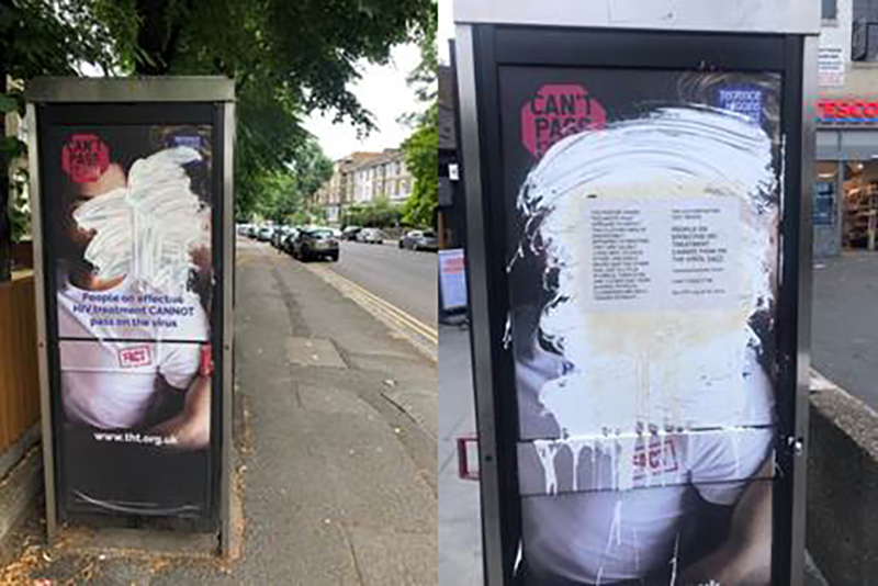 Can't Pass It On telephone box posters vandalised by white-out