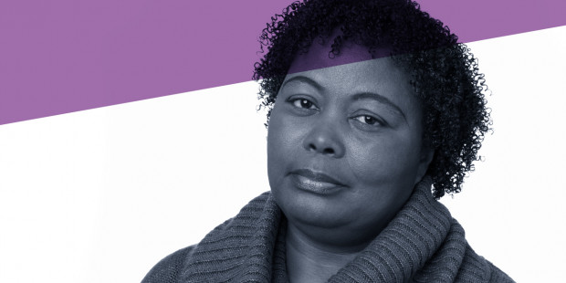 Why counselling banner Women wearing a jumper with counselling purple branding.