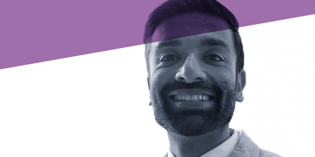 Bobby Singh with counselling purple branding.