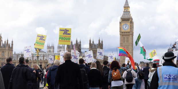 A march on Parliament against HIV Stigma with Big Ben in the background. A march on Parliament against HIV Stigma with Big Ben in the background.