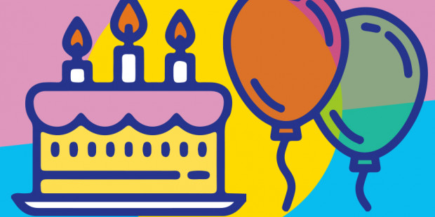 Drawinng of birthday cake and balloons