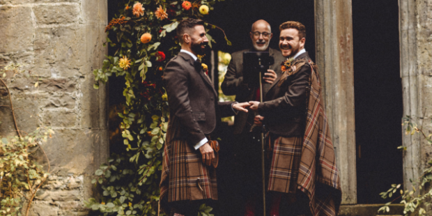 Kevin and Gavin tying the knot in kilts