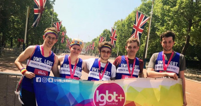 Students from the UWE LGBT society in Terrence Higgins Trust running vests