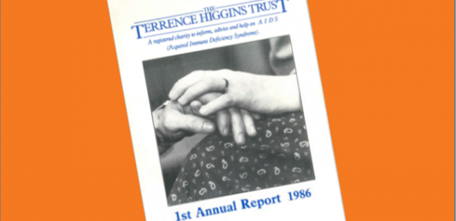 Terrence Higgins Report circa 1986 on an organge background
