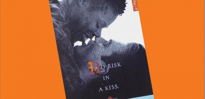 No risk with a kiss poster on an orange background