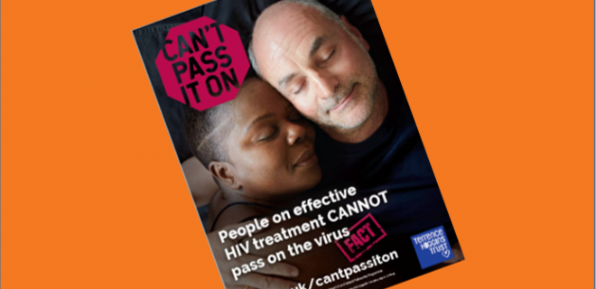 Couple embrace on an Can't Pass It On poster with an orange background