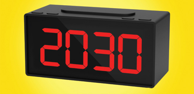 Black digital clock showing 2030 in red figures