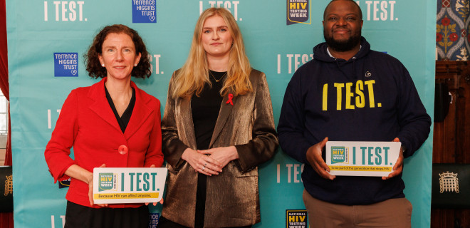 Anneliese Dodds, Mims Davies and Taku of Terrence Higgins Trust.