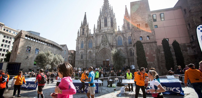 Support stands in front of a cathedral for a marathon in Barcelona. Support stands in front of a cathedral for a marathon in Barcelona.