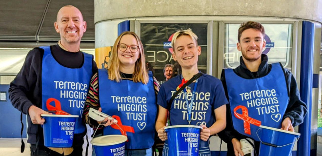 Bucket collection by four Terrence Higgins Trust people at Canary Wharf station