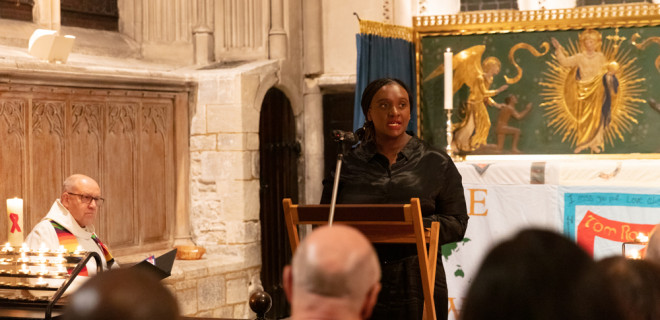 Glenda Bonde giving a reading at St Andrew’s Chapel at Southwark Cathedral