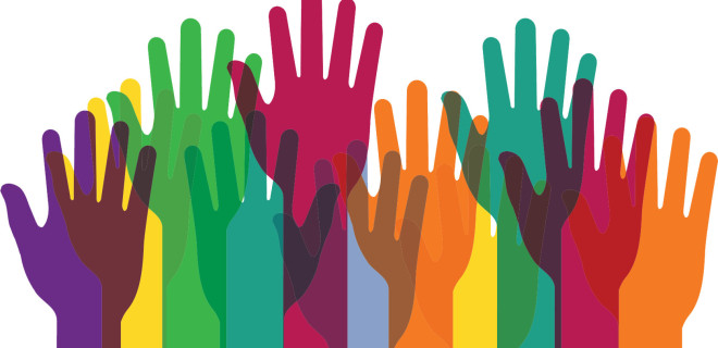 Several translucent hand silhouettes in green, red, yellow, orange and blue on a white background.