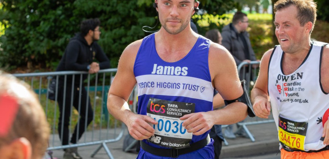 James Davidson running in a marathon in support of Terrence Higgins Trust.