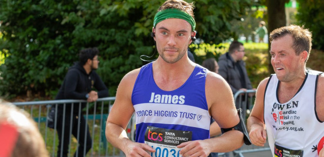 James Davidson running Marathon in Terrence Higgins Trust vest