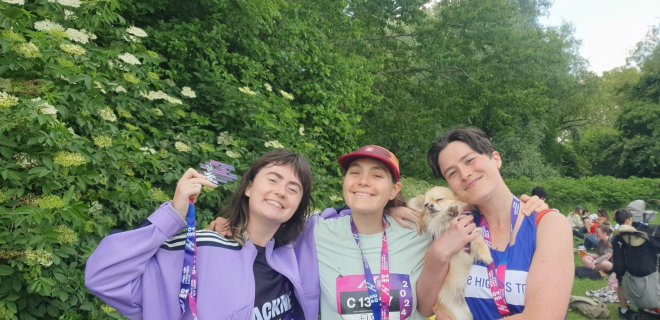 Scarlet, Florrie and canine companion Dusty with Marianne 