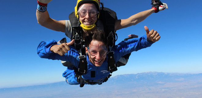 Two people skydiving