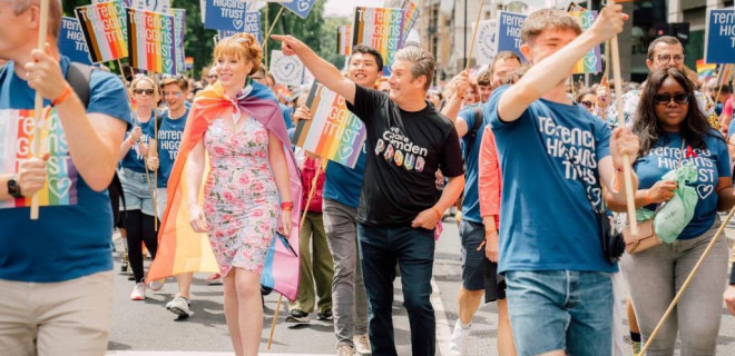 Angela Rayner and Sir Keir Starmer walking with Terrence Higgins Trust at Pride in London.