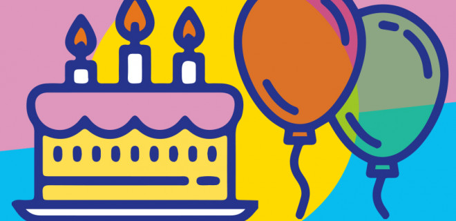 Drawinng of birthday cake and balloons
