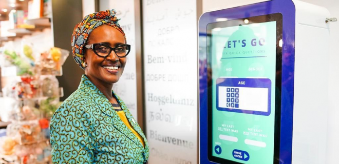 Winnie Byanyima and self test vending machine