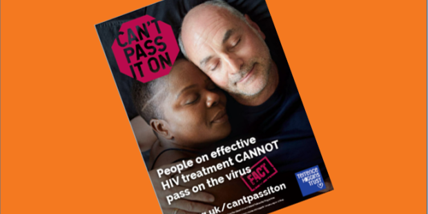 Couple embrace on an Can't Pass It On poster with an orange background