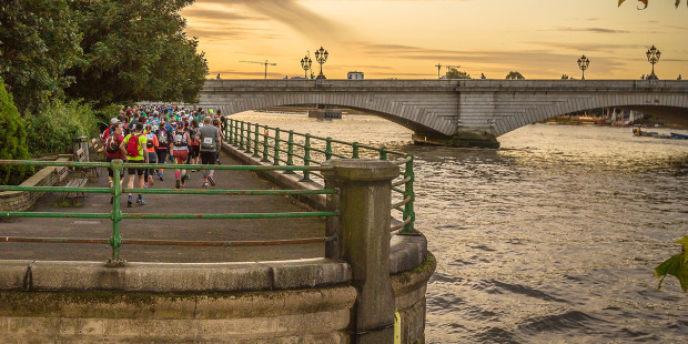 Thames Path Challenge bridge sunset with walkers